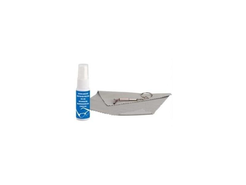 Alkoholhaltig glasögonrengöringsspray (20 ml) + våtservetter + skruvmejsel